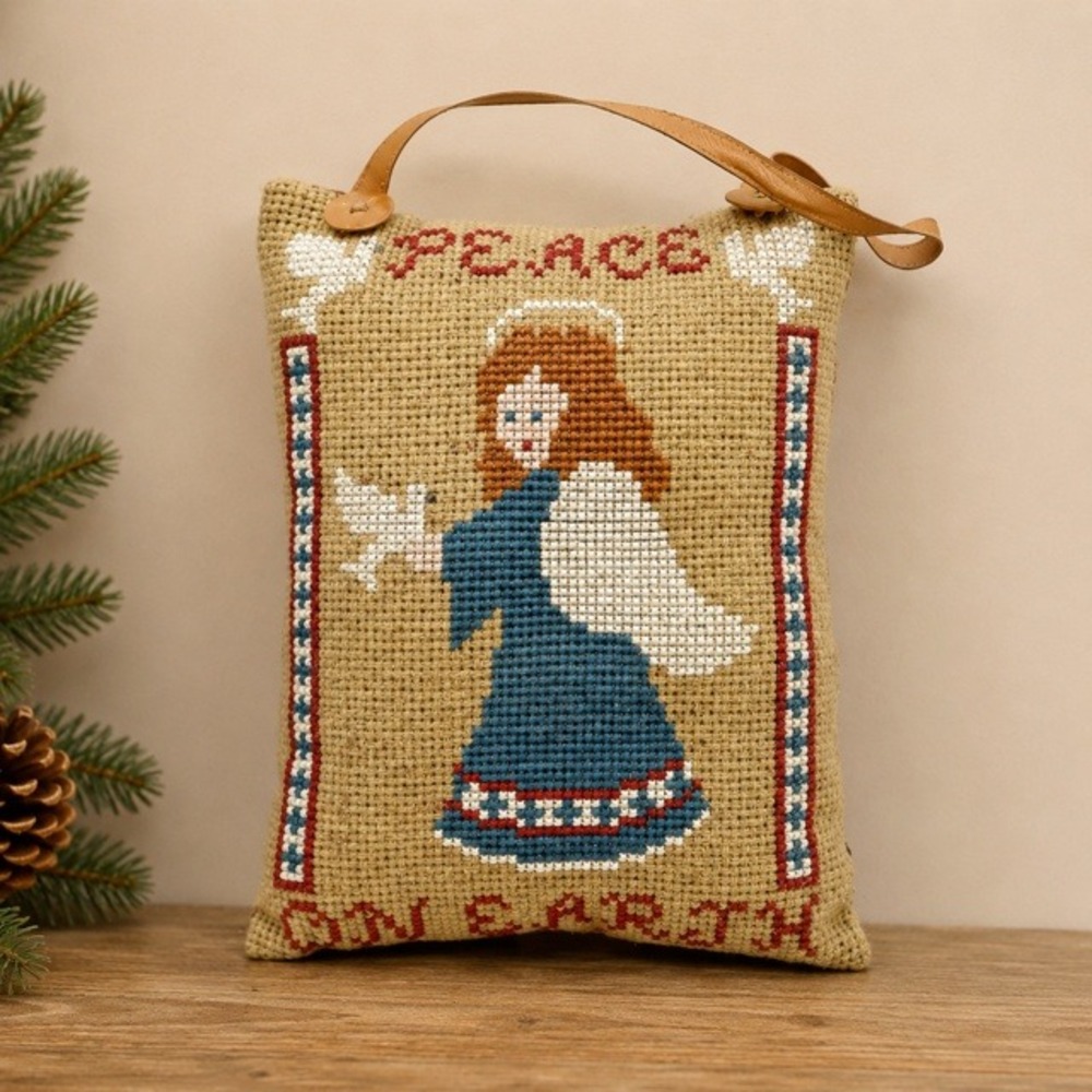 Vintage Peace on Earth Angel Needlepoint Door Hanger Pillow Christmas Decor